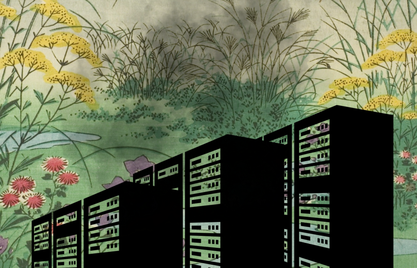 This image is a collage with a colourful Japanese vintage landscape showing a mountain, hills, flowers and other plants and a small stream. There are 3 large black data servers placed in the bottom half of the image, with a cloud of black smoke emitting from them, partly obscuring the scenery.