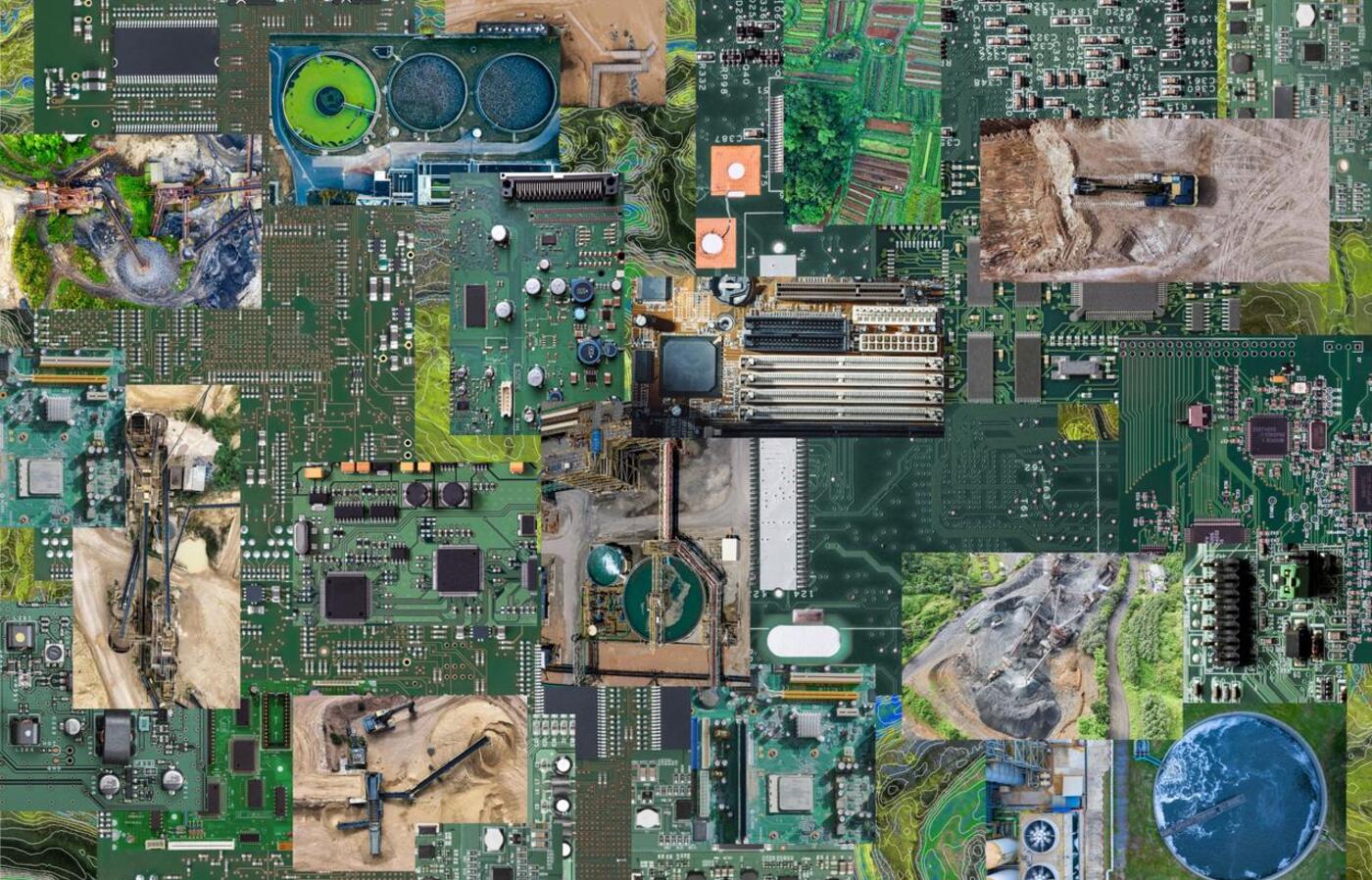 A collage of circuit boards interwoven with aerial photographs of water treatment facilities, agricultural lands, industrial sites and mining machinery.