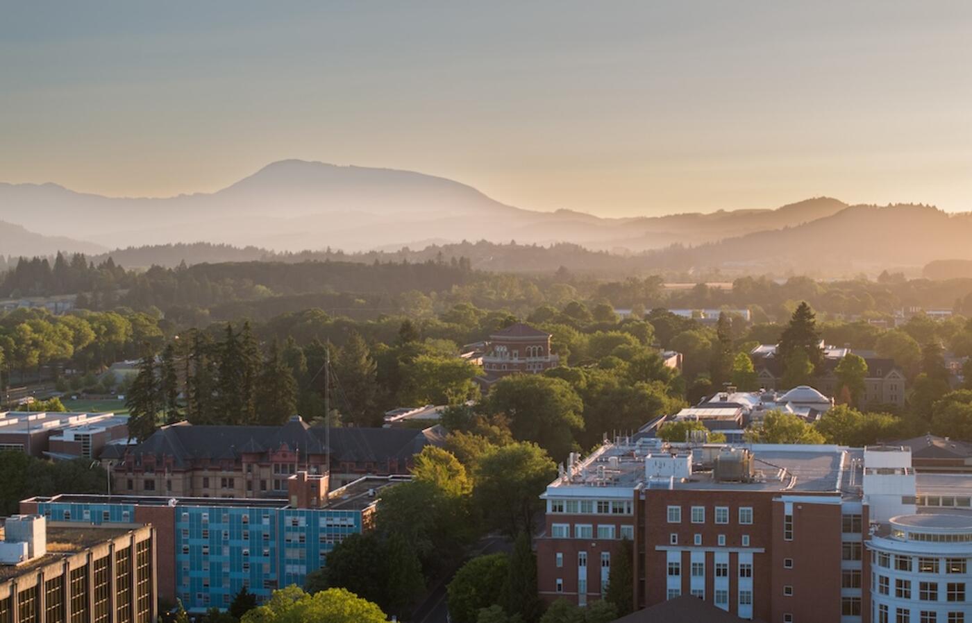 Aerial view photo of OSU with Mary's Peak in the background