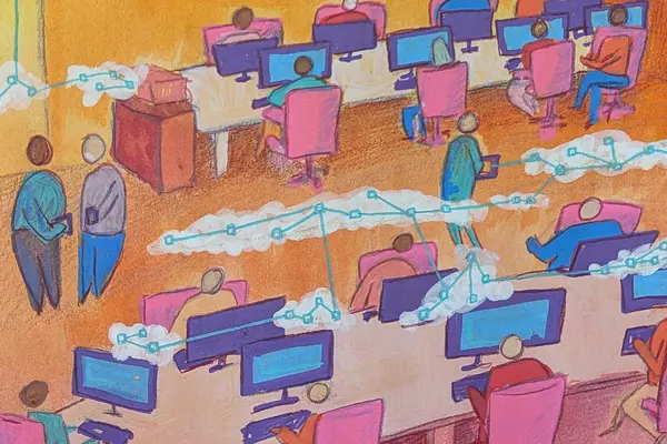 A brightly coloured office populated with all kinds of people working at connected desks. There are computer screens and networks in the air in clouds. The image shows the connectivity of a digitally transformed workplace.  It was drawn and painted using guache and pencil. 