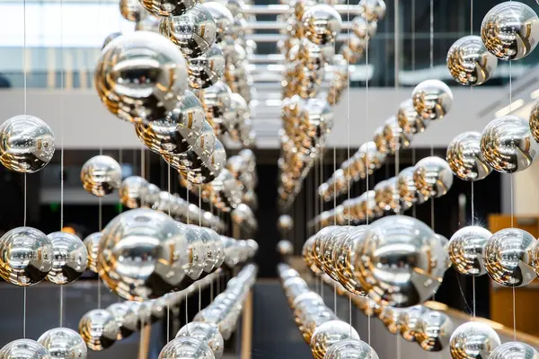 OSU campus art installation that is a system of perfectly aligned silver balls hanging from the ceiling.